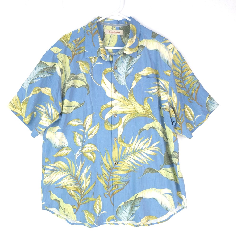 Tommy Bahama Mens XL Silk Tropical Palm Leaf Button Down Shirt Blue Short Sleeve - Picture 2 of 10